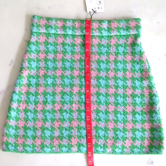 ZARA Houndstooth Knit Crop Cardigan & Skirt Set 2 pc S pink green mini skirt NEW - Picture 12 of 16